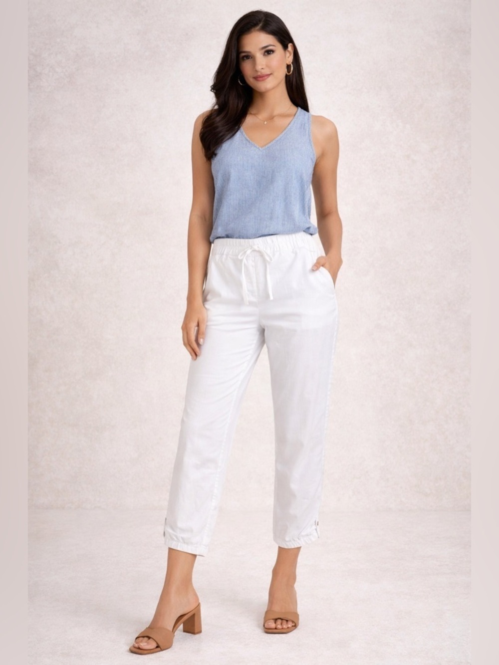 Talbots White Cropped Pants Sz 6 Drawstring Elastic Waist Casual Summer